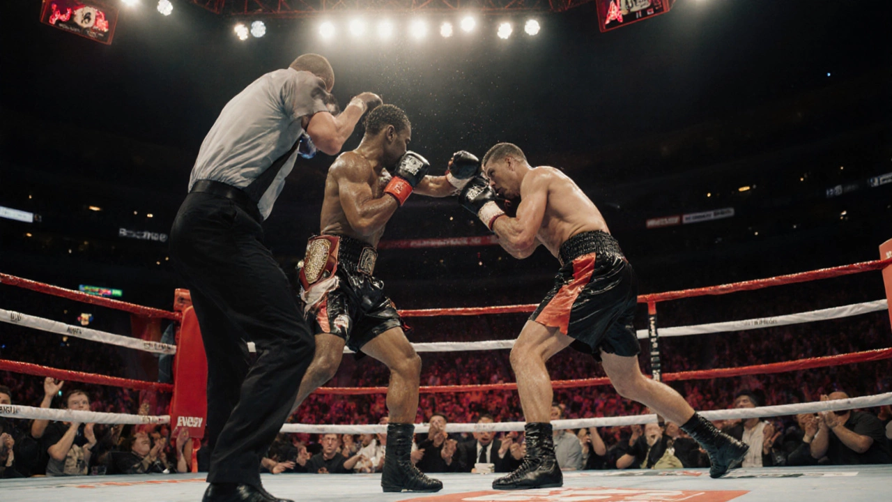 A professional title fight under bright arena lights with a championship belt and two fighters.