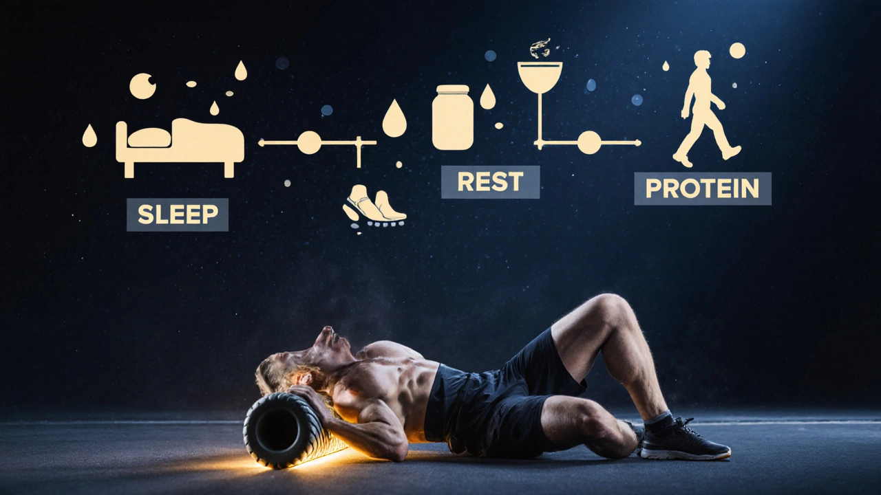 Advanced athlete recovering with foam roller and symbols of rest