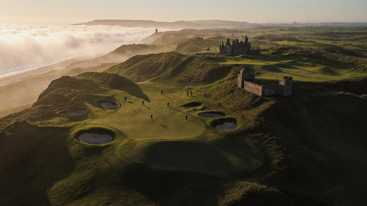 Aerial sunrise view of St Andrews Old Course and Musselburgh Links with tourists.