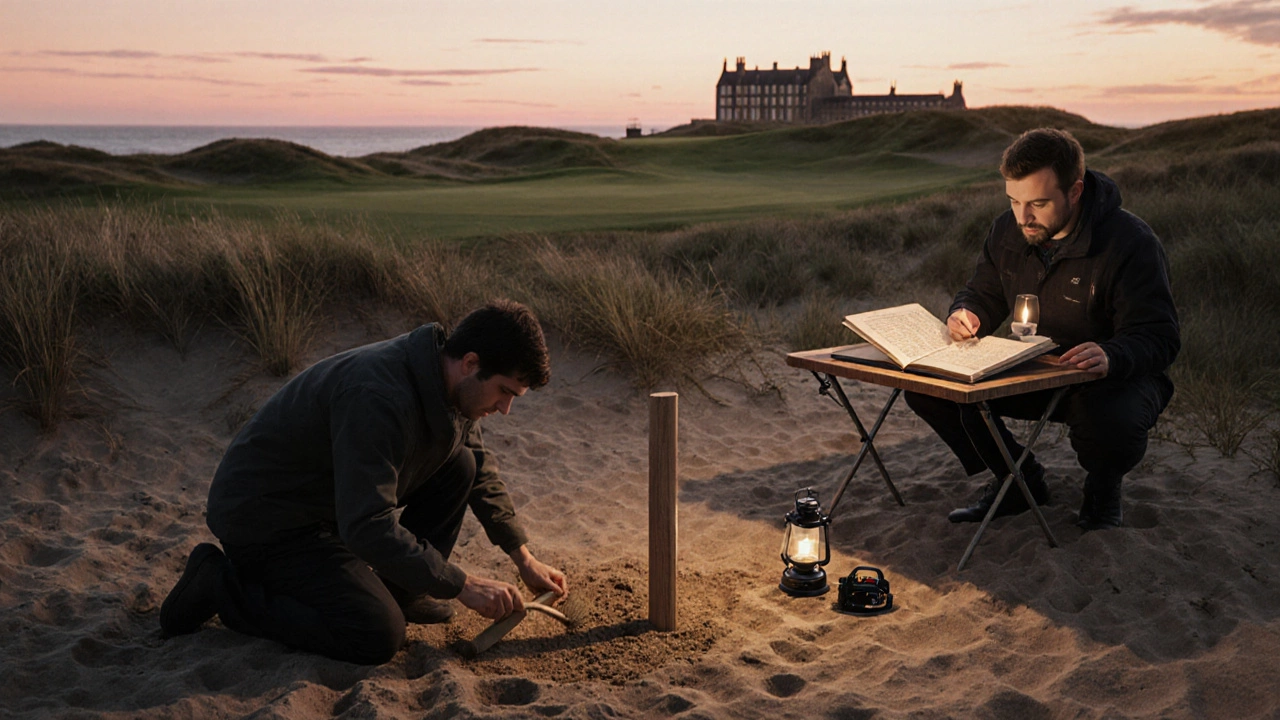 Archaeologists uncover a wooden tee‑marker on St Andrews dunes at sunset.