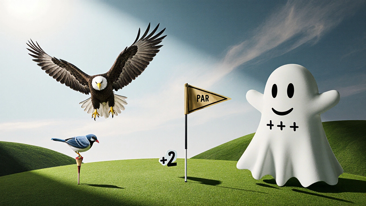 Artistic collage of eagle, bird, par flag, and ghost figures for bogey scores.