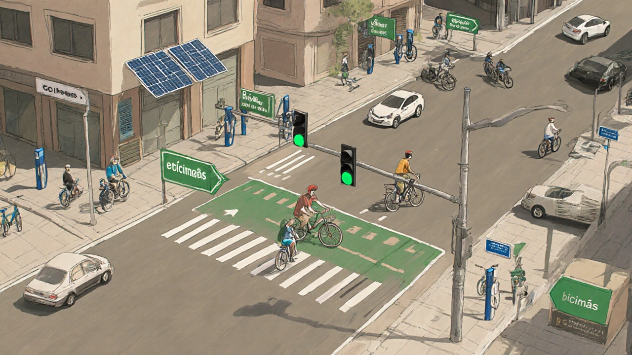 Bike signal with green light ahead of cars, solar-charging stations, and commuters in a safe intersection.