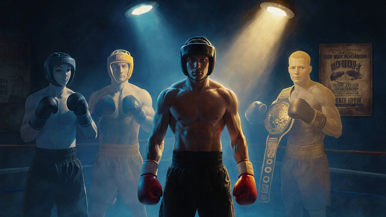 Boxer training surrounded by silhouettes of sparring, amateur, exhibition and main‑event symbols.