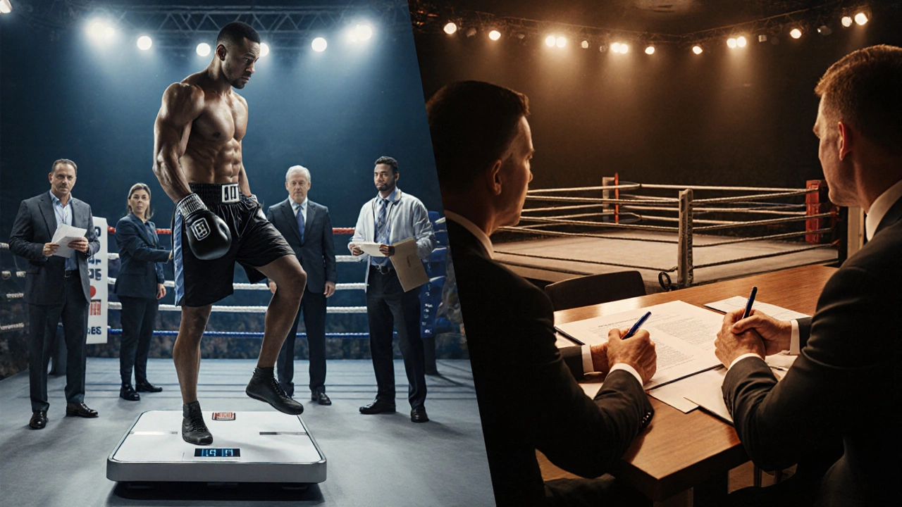 Boxers at a weigh‑in, doctors checking, and contract signing beside a ring.