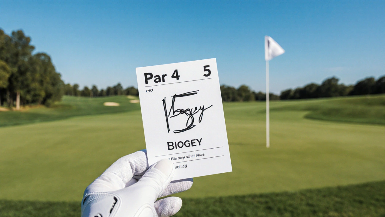 Close‑up of a scorecard showing a 5 and the word bogey on a par‑4.