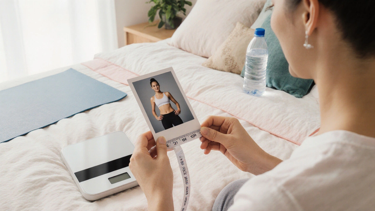 Close‑up of hands measuring waist while holding a progress photo on a softly lit bed.