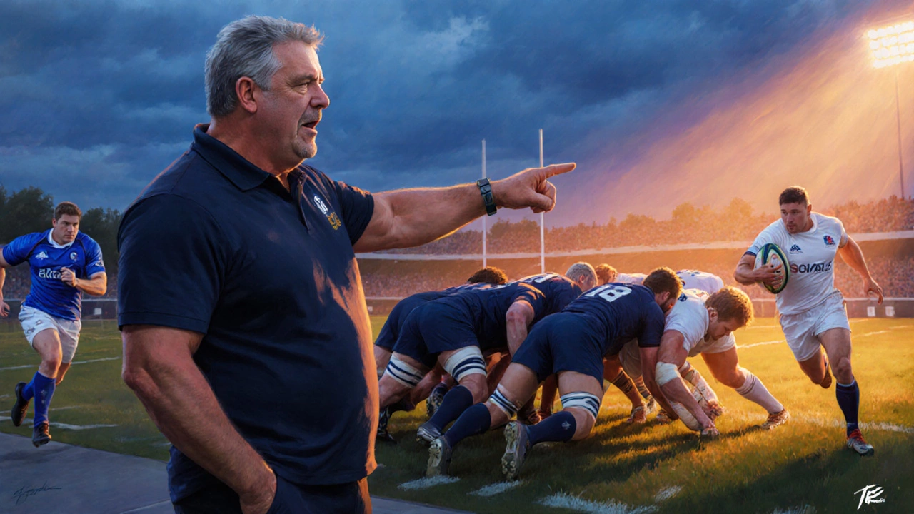 Coach directing a diverse rugby squad, highlighting forwards, fly‑half, and wing.