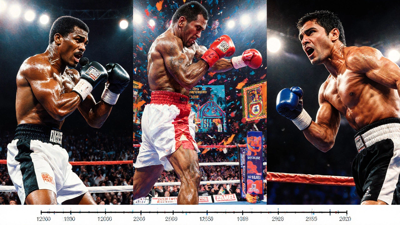 Collage of three legendary boxing bouts with fighters in the ring.