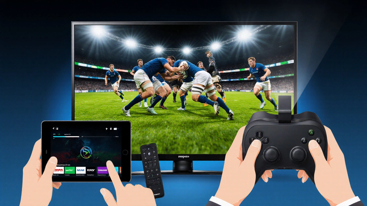 Collage of TV, tablet, and handheld streaming rugby, with hands holding remote and headset.