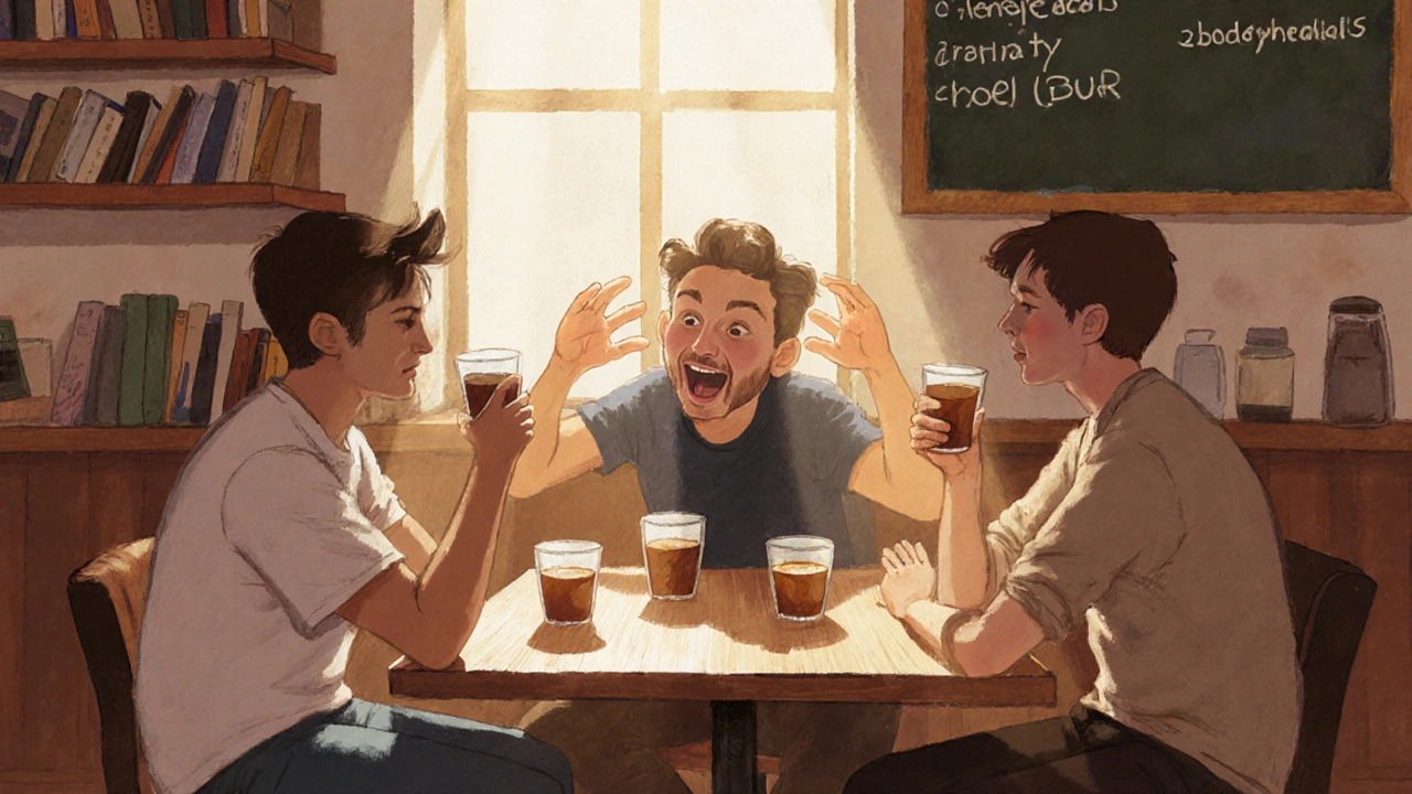 Cozy coffee shop illustration of friends discussing a fight slang term in a relaxed setting.