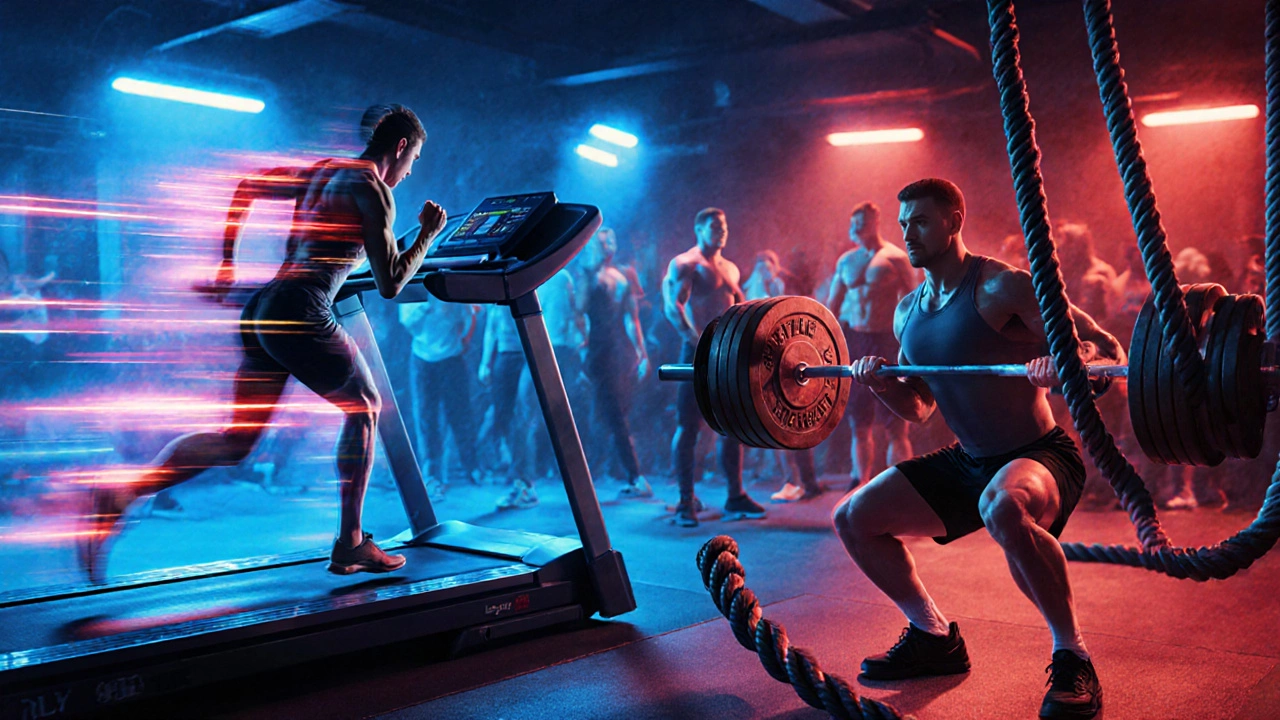 Energetic illustration of a sprint interval on a treadmill beside a barbell squat and battle rope action.