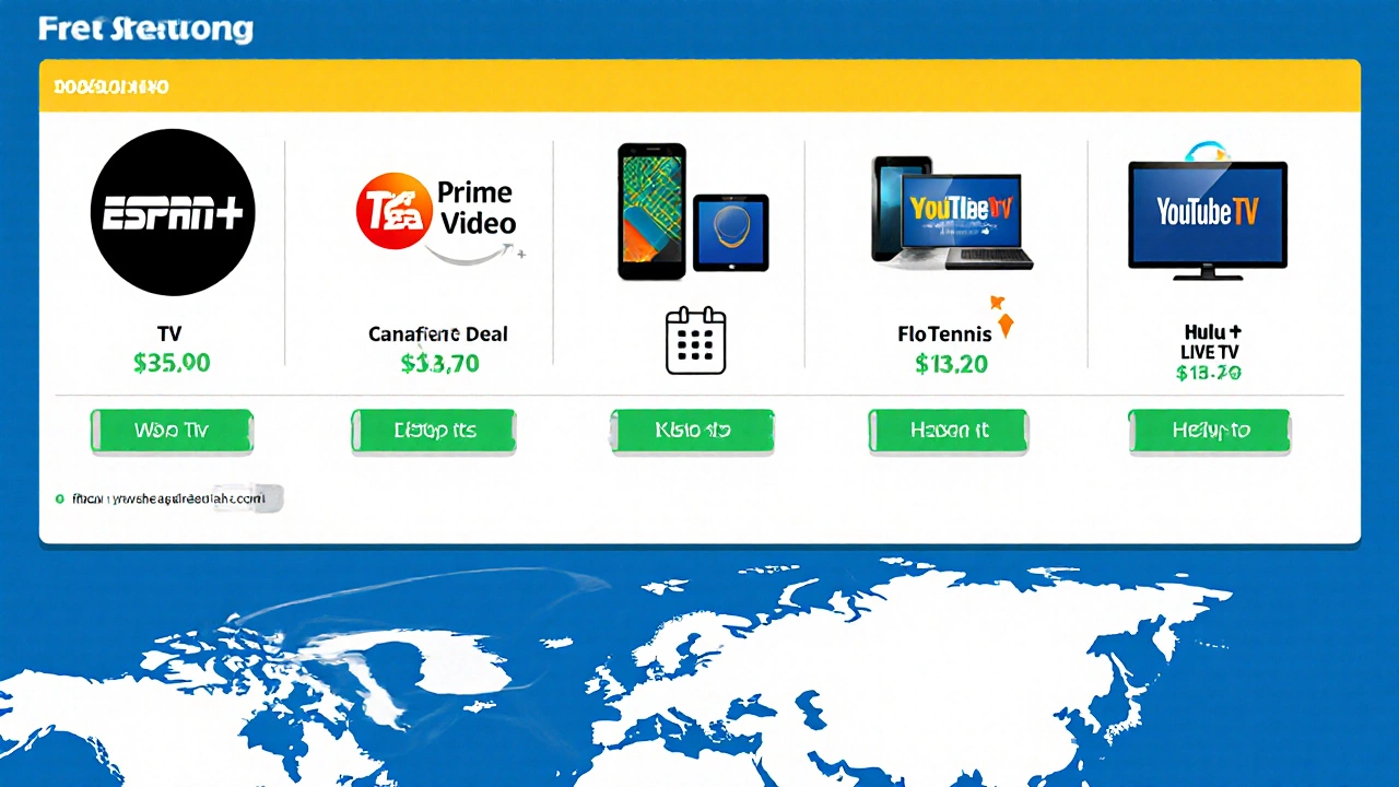 Illustrated grid of streaming services, prices, and device icons for watching the Argentina Open.