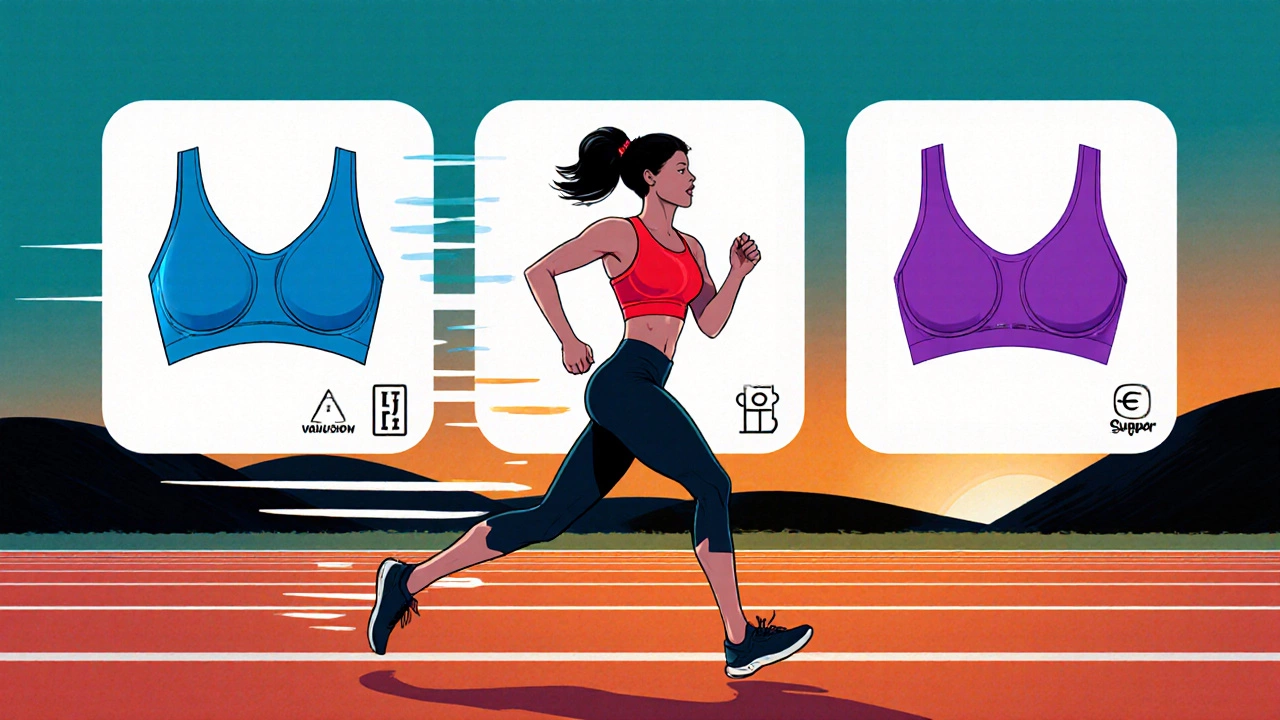 Illustrated runner with three overlay panels showing different sports bra types.