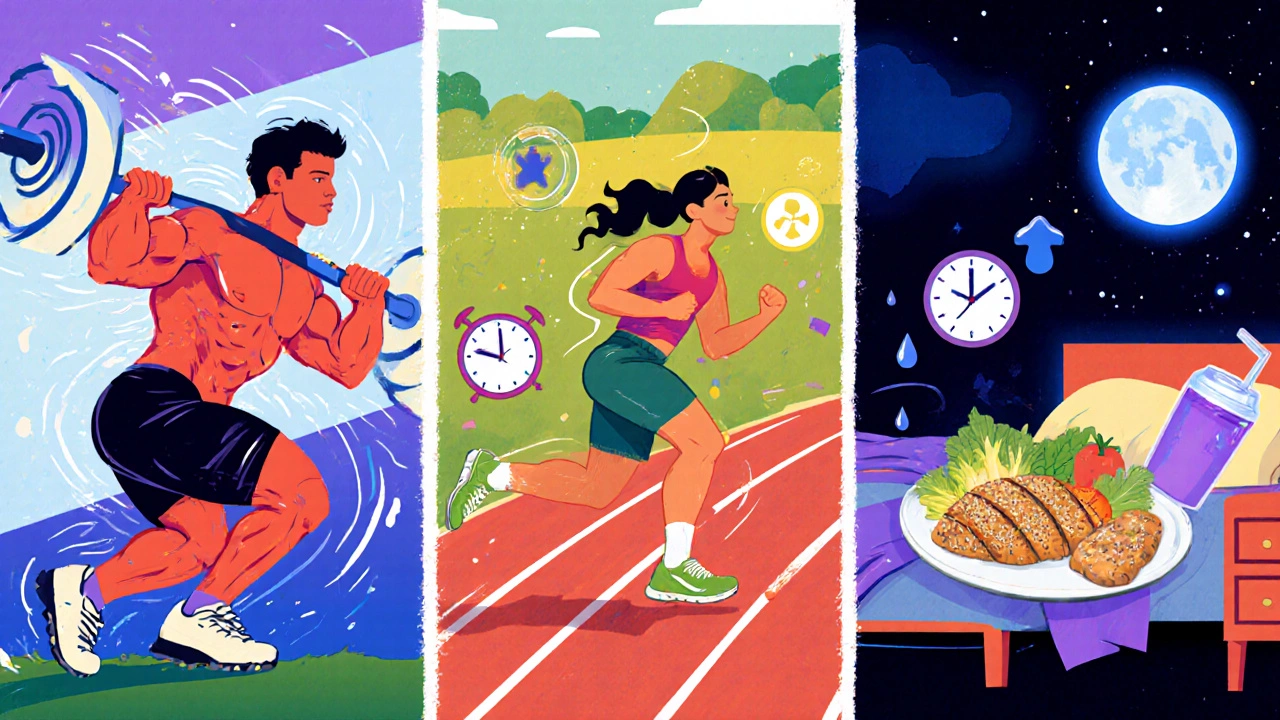 Illustrated three‑panel scene: deadlift, sprint interval, and nutritious meal with sleep setting.