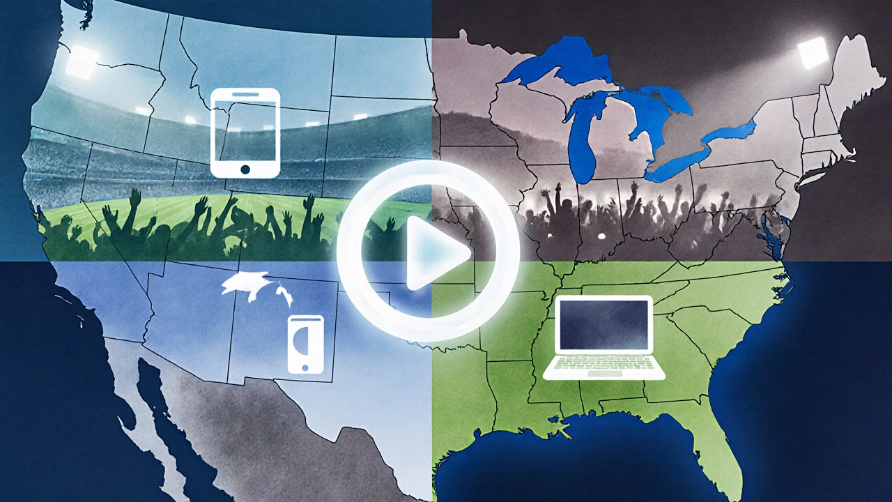 Map showing rugby streaming regions with stadium silhouettes and device icons.