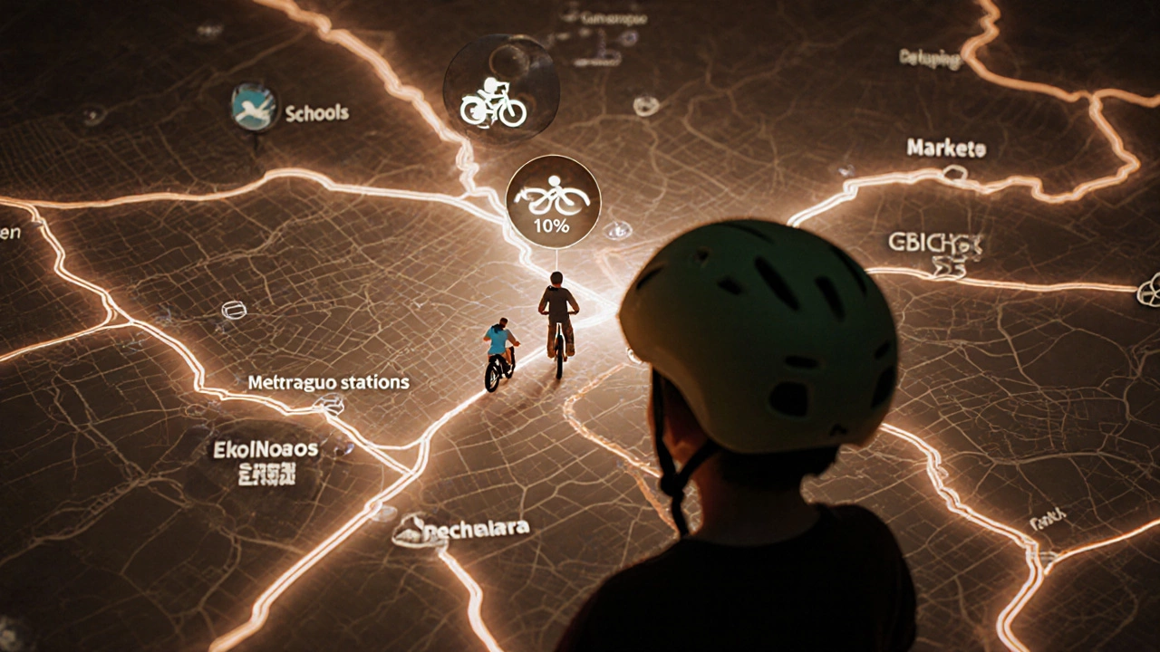 Network of glowing bike lanes connecting key city destinations with symbolic icons of policy and safety.