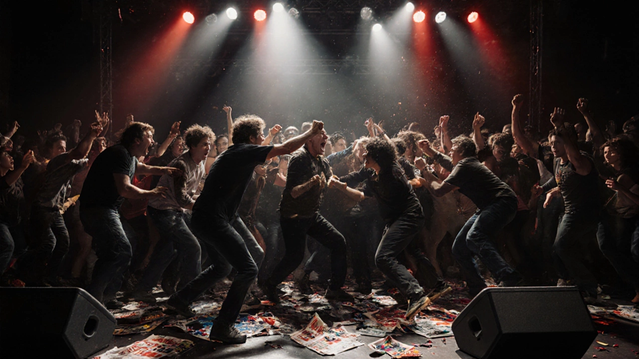 Photorealistic image of a chaotic brawl breaking out at a dimly lit concert venue.