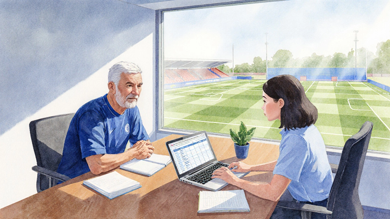 Player and club officer discuss retirement plans over notebooks in a bright office.
