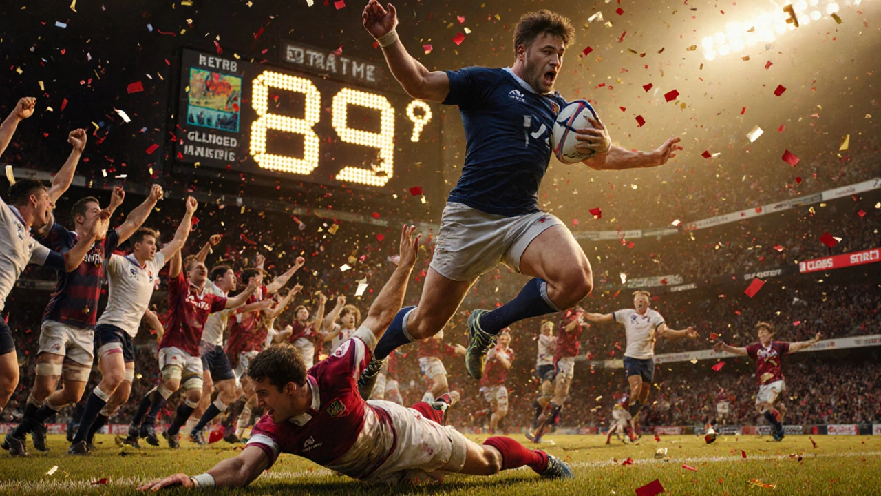 Player scoring a try in the 89th minute with a cheering crowd in the background.