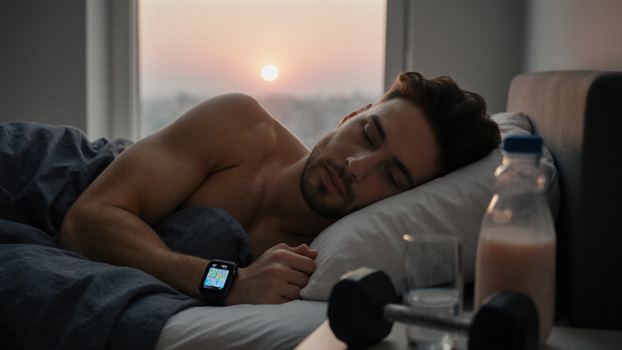 Resting athlete in bedroom with equipment nearby, emphasizing recovery.