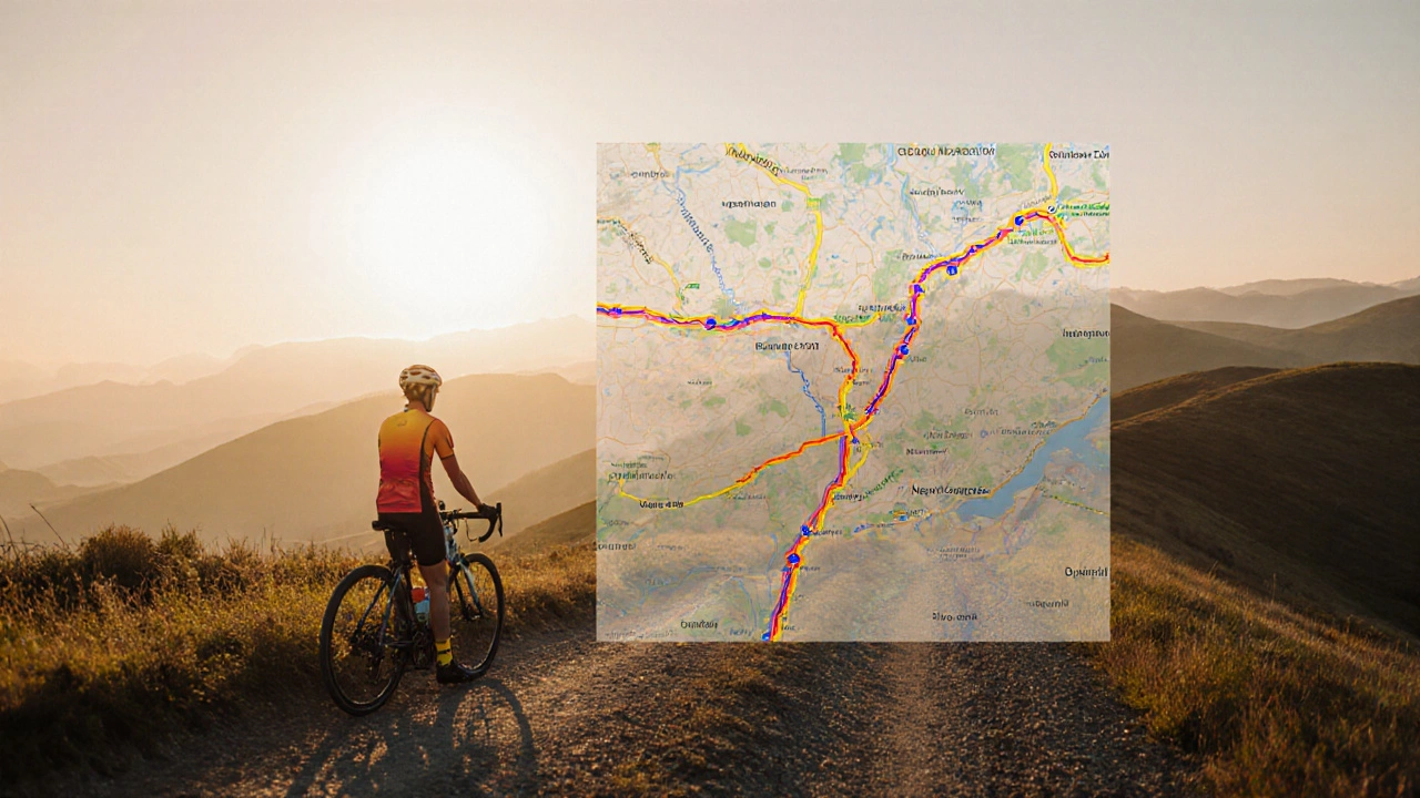 Rider on a hilly path at sunrise, contemplating route with translucent map overlay.