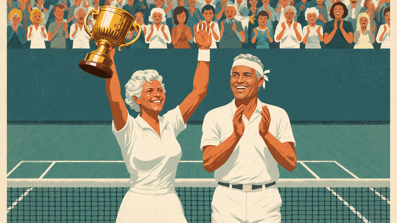 Senior tennis players celebrating a tournament victory on a vintage-style poster.