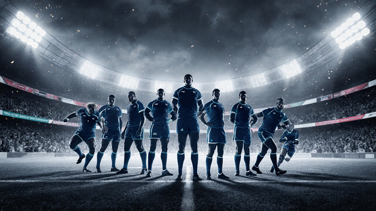 Silhouettes of rugby positions arranged on a stylized pitch with a stadium backdrop.