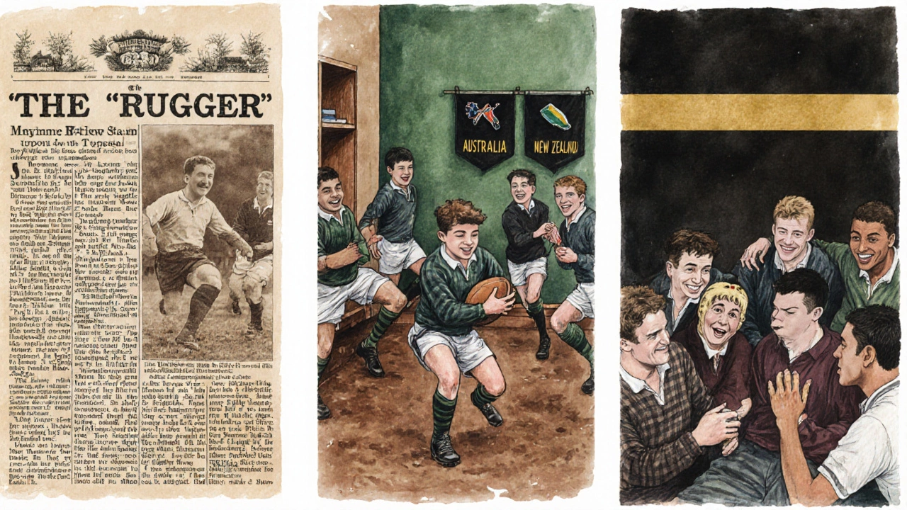 Three‑panel illustration showing rugby slang history from 19th‑century press to modern locker room.