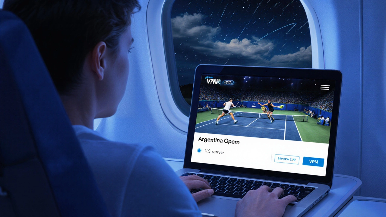 Traveler using a laptop with VPN to stream the Argentina Open while on a flight.