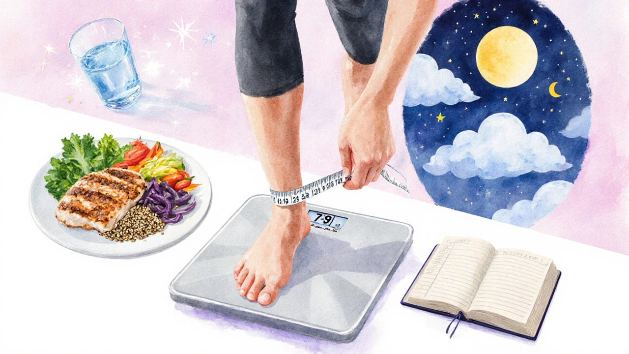 Watercolor style image of a person measuring waist with surrounding icons for healthy food, water, sleep, and tracking.