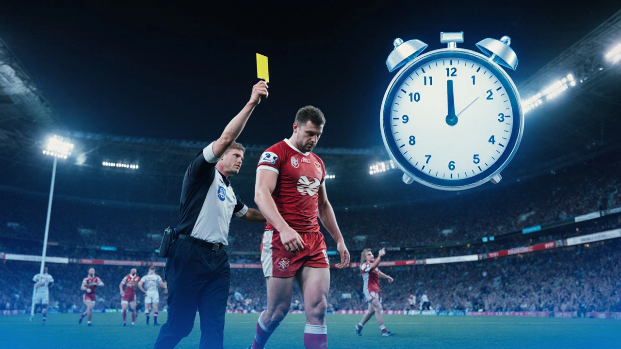 Yellow‑carded player leaving the field while a stopwatch overlay suggests added time.