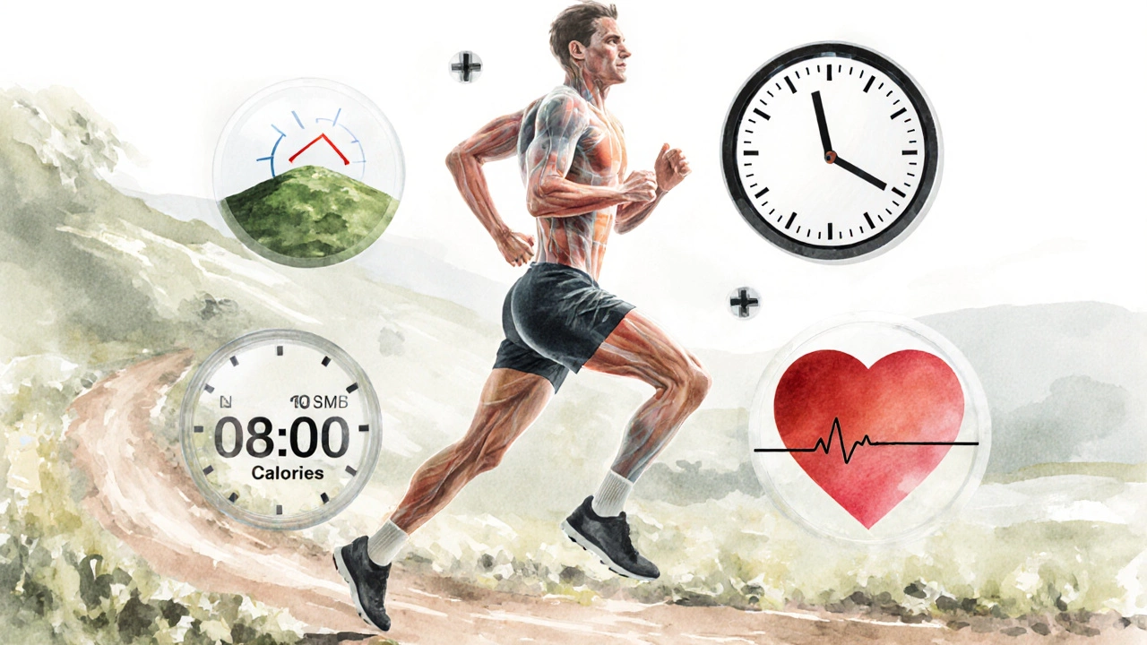 Anatomical illustration of a runner&#039;s body showing fat loss and muscle efficiency with floating biomechanical icons.