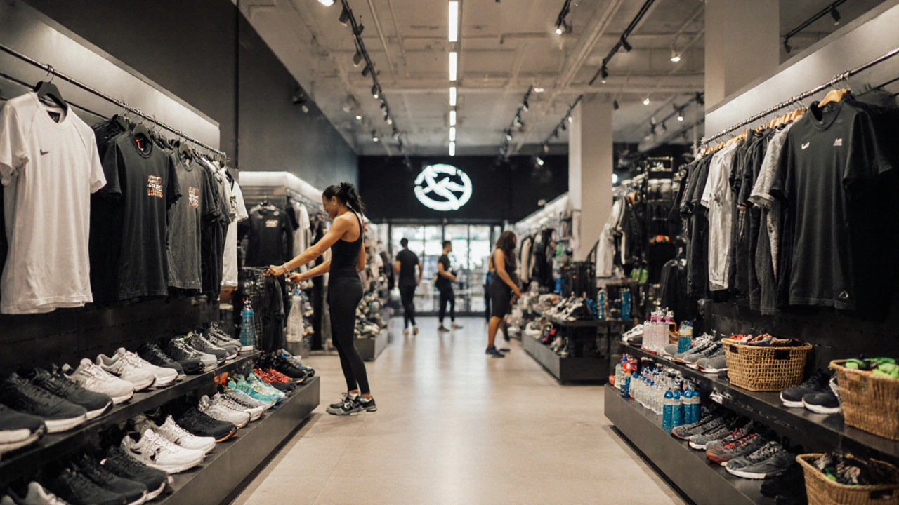 Athletic gear arranged in a retail store: running shoes, jerseys, and sweatbands under soft lighting.