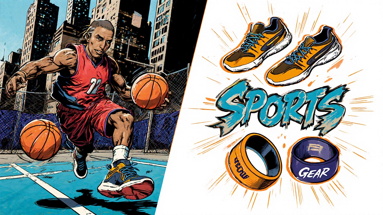 Basketball gear in motion: sneakers, jersey, and ball flying through air.