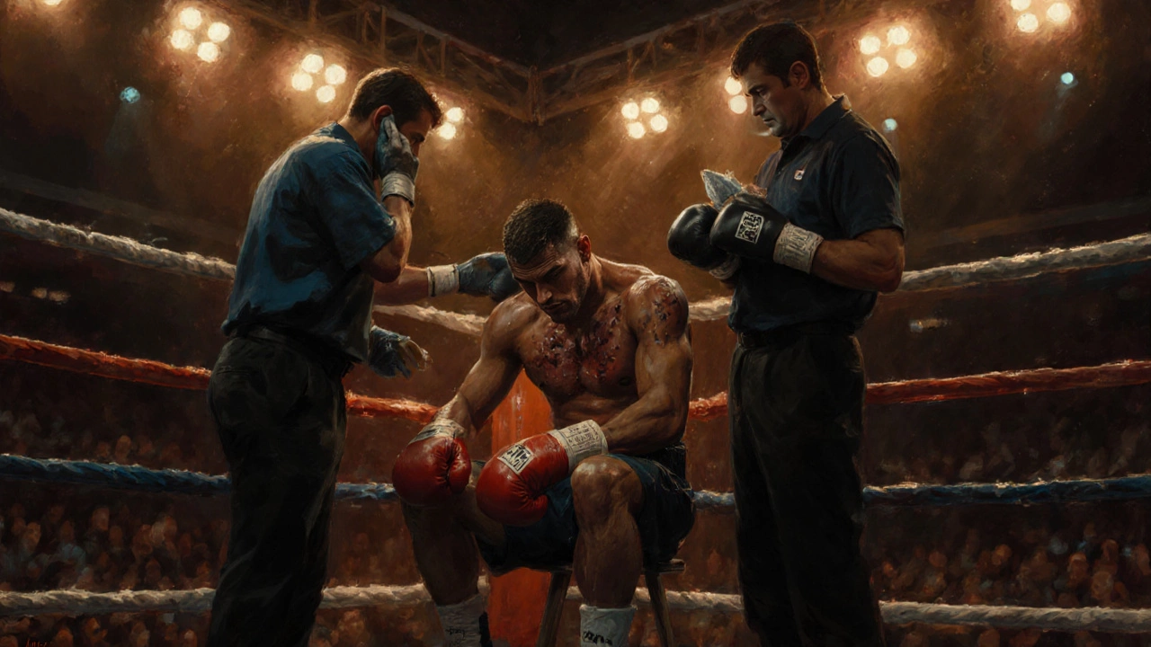 Boxer resting on stool between rounds as corner team tends to him with ice and care.