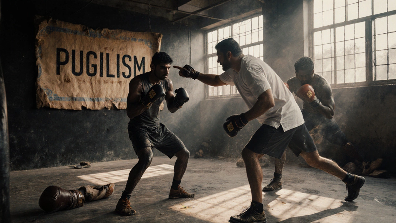 Coach demonstrating pugilism history to athletes in an Indian boxing academy.