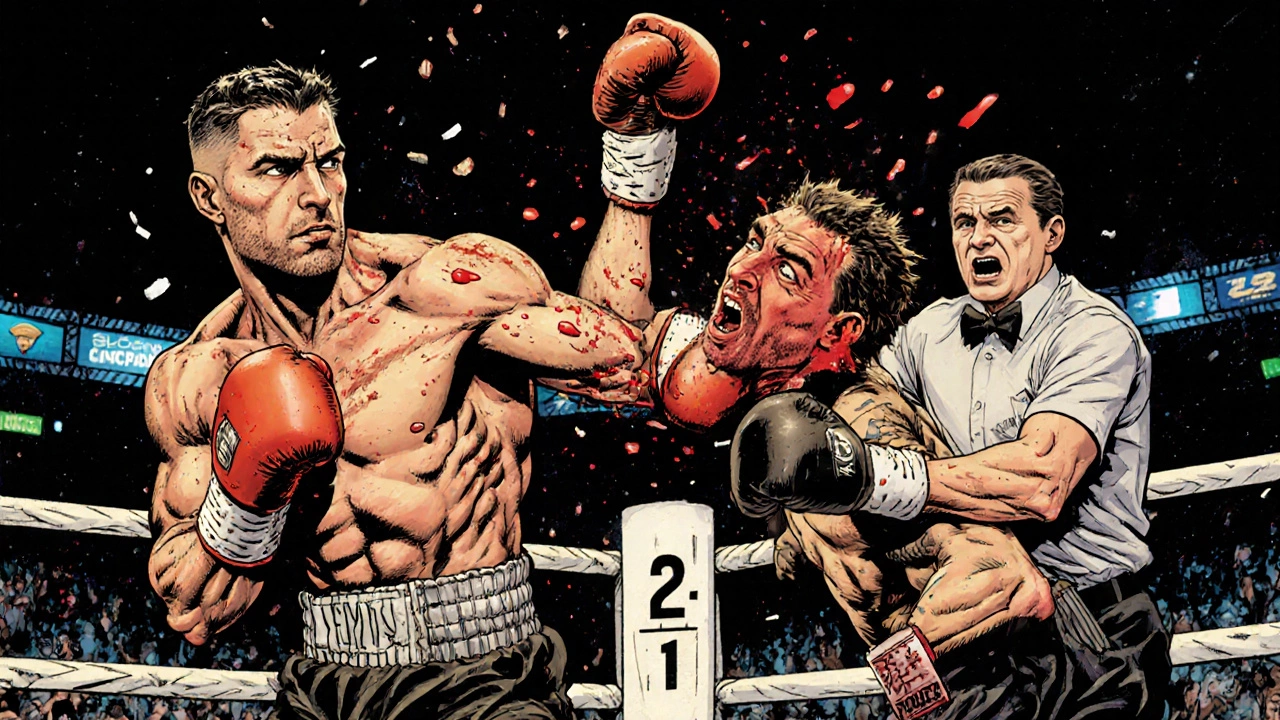 Comic book style of a boxer landing a powerful hook with motion lines and dramatic effects.