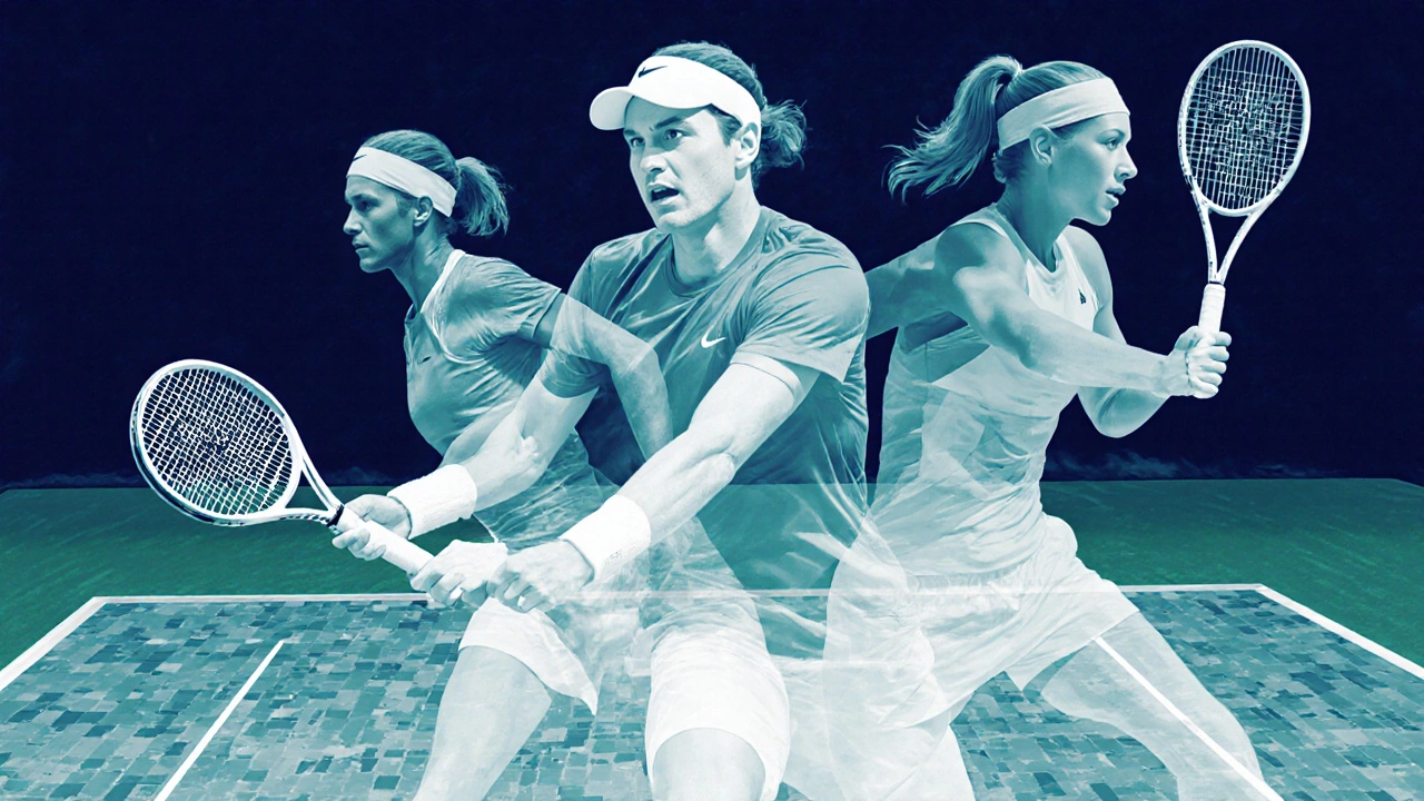 Conceptual image of one tennis player embodying all four playing styles simultaneously.