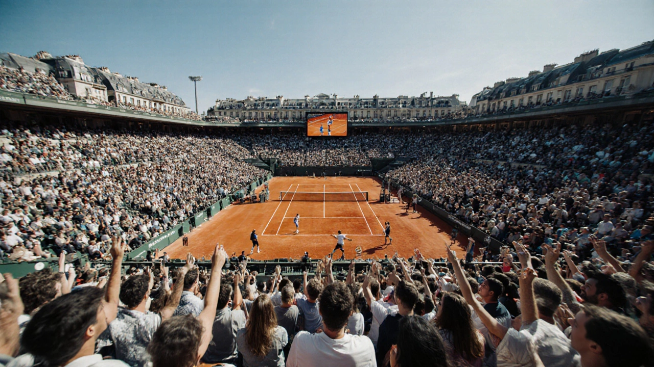 Crowds cheering at Roland Garros during the French Open