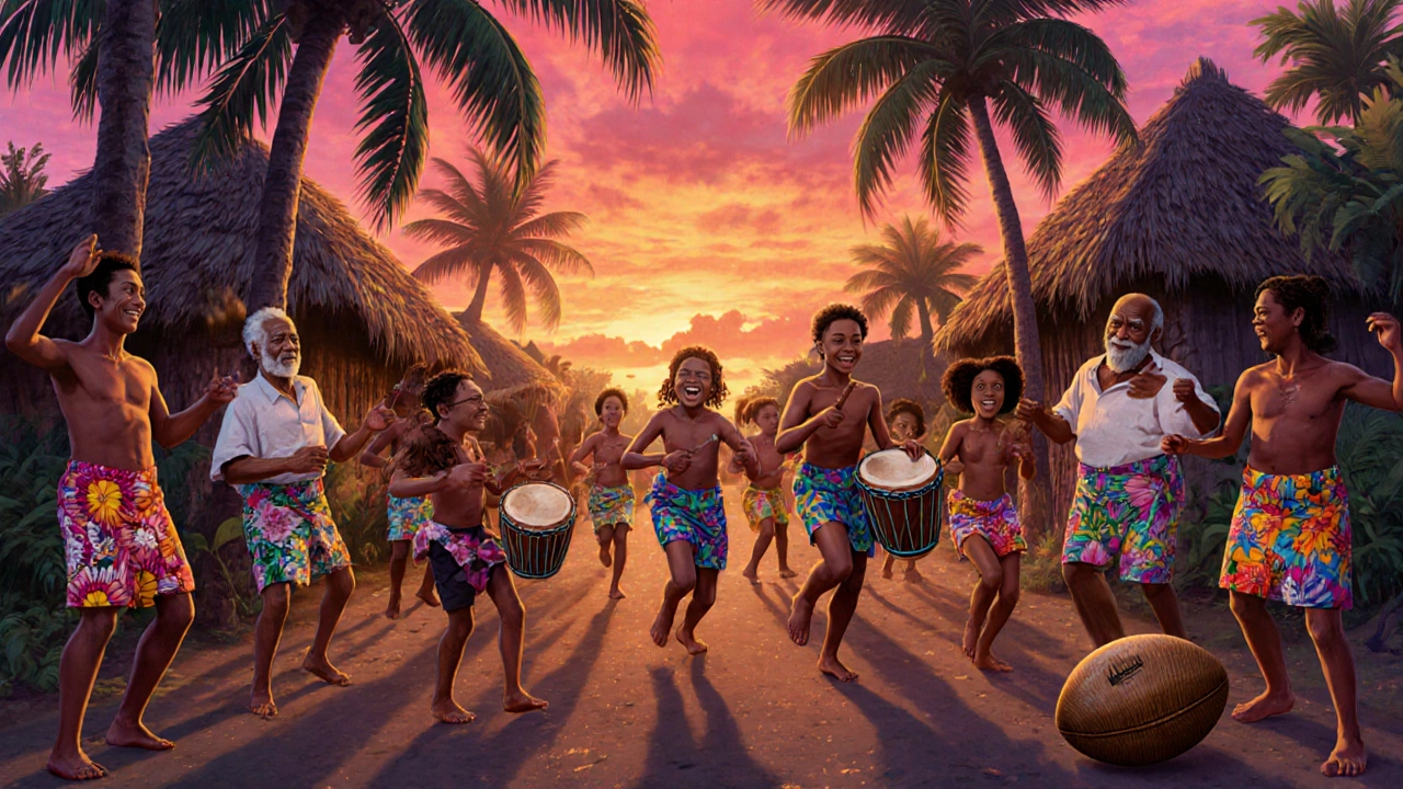 Fijian village celebrating a rugby win with dancing children, drums, and palm trees under a sunset sky.