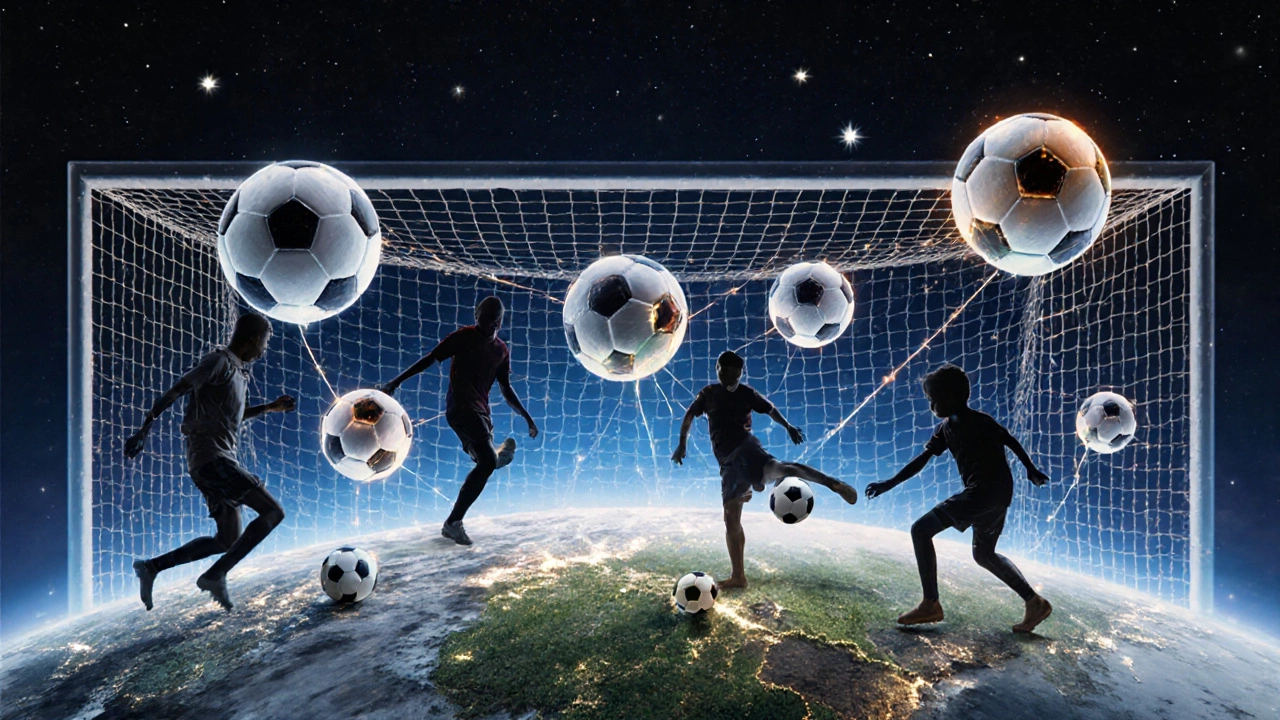 Global map with glowing footballs linking cities, showing football&#039;s universal connection.