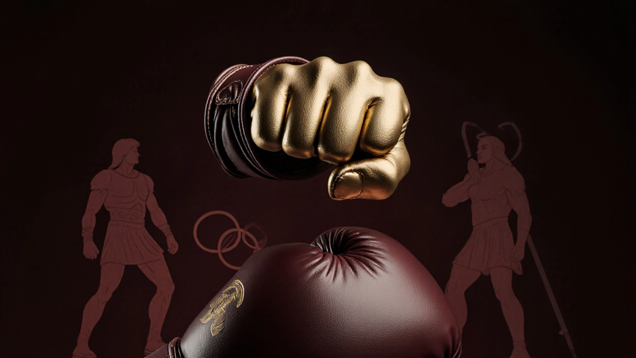Golden ancient cestus above a modern boxing glove with Olympic and classical silhouettes.