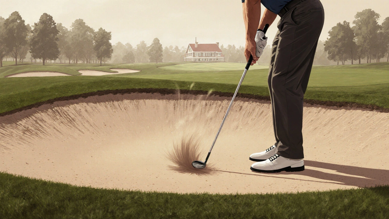 Golfer carefully brushing sand from ball in bunker, wind lifting fine grains.
