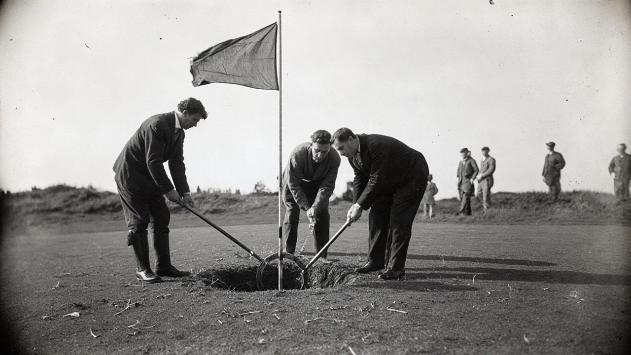 Historic Scottish golfers using a 1754 metal hole-cutter to standardize the cup size.