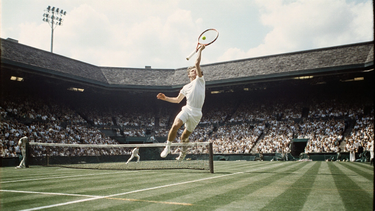Serve-and-volley player leaping after a serve on grass court, net in foreground.