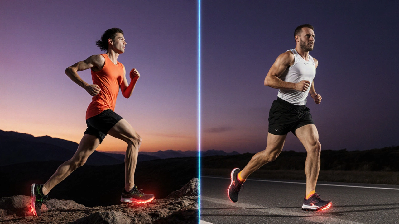 Side-by-side comparison of a lean XC runner on trails and a marathoner on pavement, highlighting body differences through energy trails.