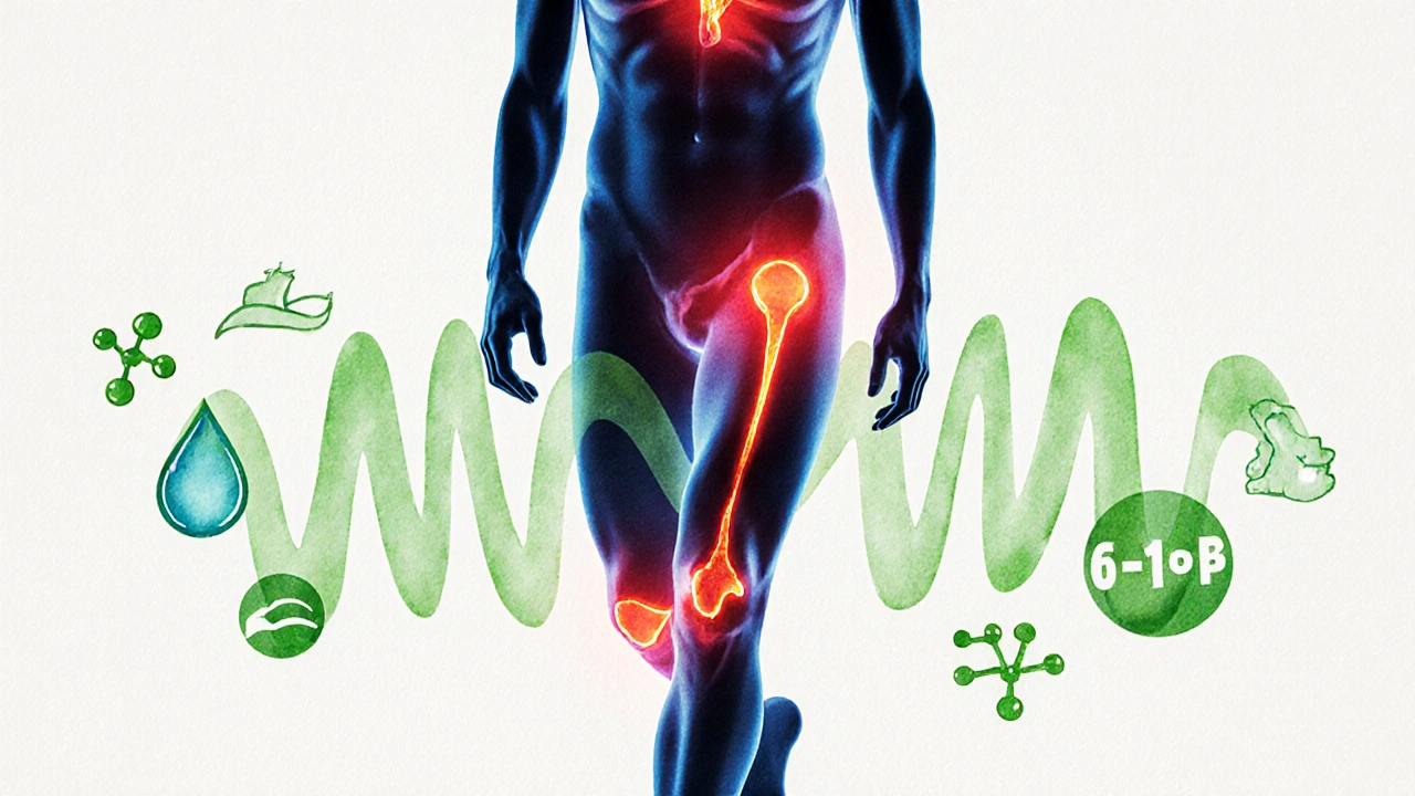 Silhouetted human body with red stress zones and green recovery elements flowing around it.