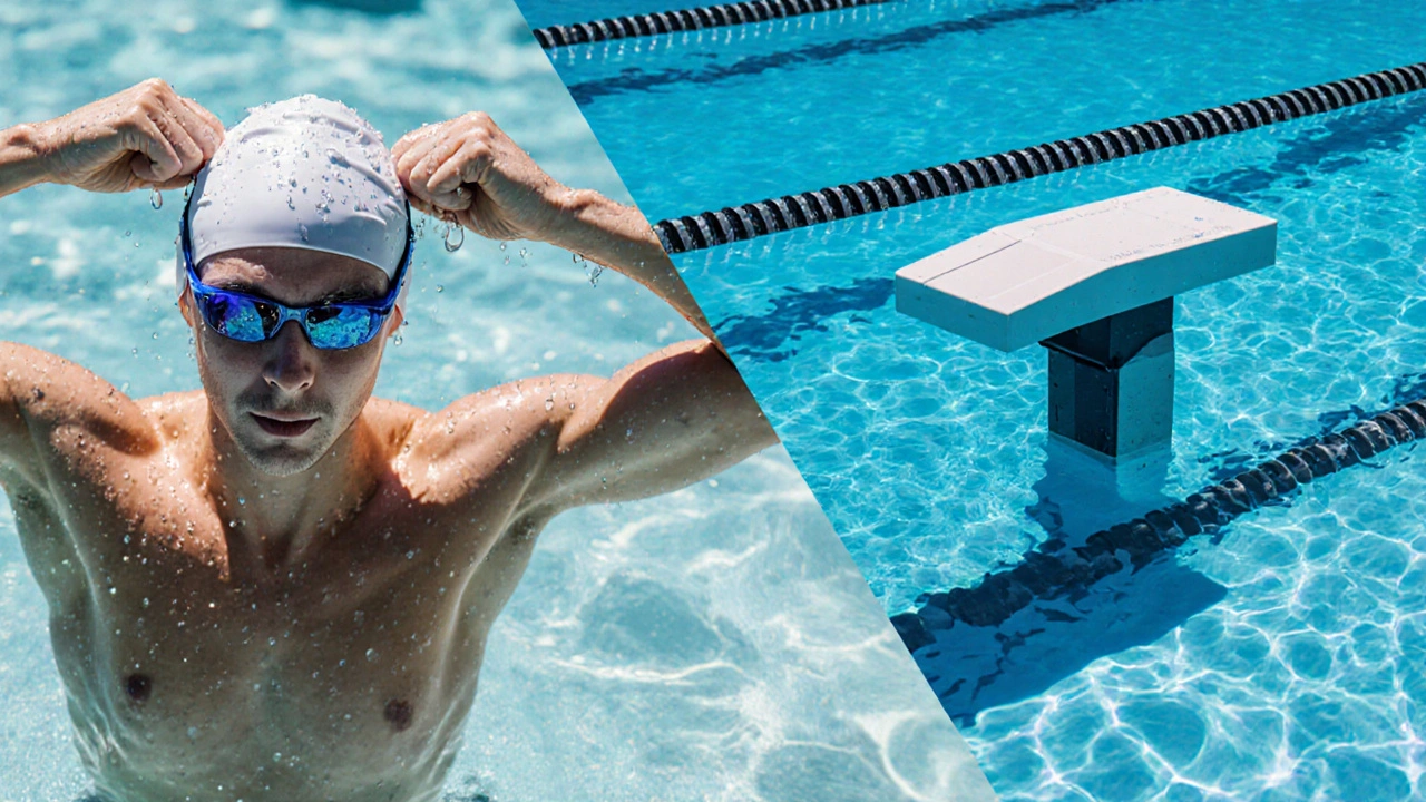 Swimmer wearing goggles and cap beside pool lane ropes and starting block.