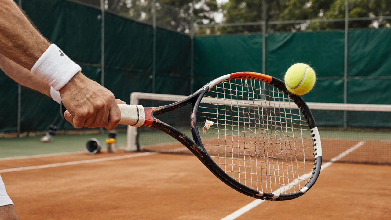 Tennis player serving with a racket showing worn grip and broken strings.