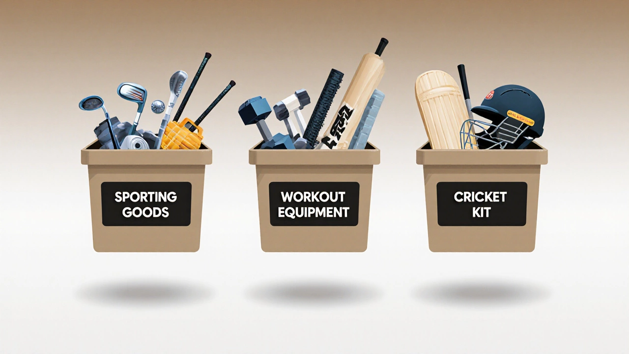 Three labeled categories of sports items: sporting goods, workout equipment, and a cricket kit in minimalist style.
